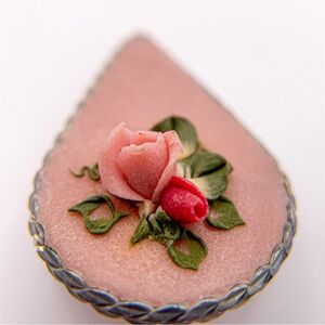 Vintage handmade pink and red rose polymer clay rounded triangle pin